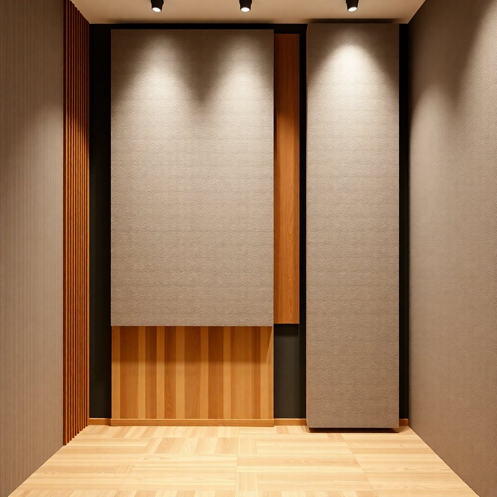 Detail of modern acoustic foam panels and wooden diffusers on a studio wall, architectural and clean design, professional studio lighting, 8k resolution